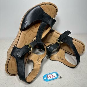 BORN  Womens Black Leather Buckle Cork Wedge Sandals Heels Size 10 US 42